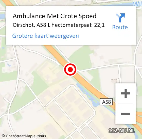 Locatie op kaart van de 112 melding: Ambulance Met Grote Spoed Naar Oirschot, A58 L hectometerpaal: 22,1 op 1 maart 2015 14:02