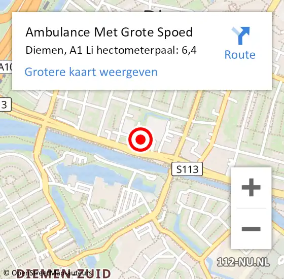 Locatie op kaart van de 112 melding: Ambulance Met Grote Spoed Naar Diemen, A9 Re hectometerpaal: 6,5 op 3 maart 2015 18:49