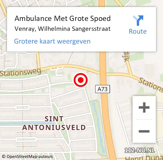 Locatie op kaart van de 112 melding: Ambulance Met Grote Spoed Naar Venray, Wilhelmina Sangersstraat op 5 maart 2015 06:06