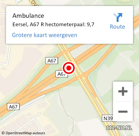 Locatie op kaart van de 112 melding: Ambulance Eersel, A67 R hectometerpaal: 9,7 op 10 maart 2015 08:35