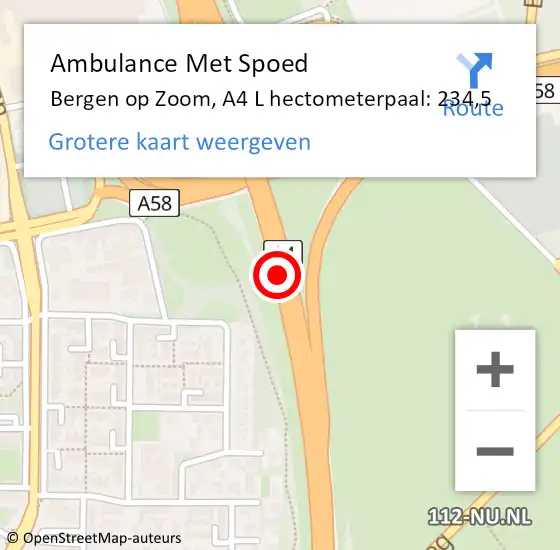 Locatie op kaart van de 112 melding: Ambulance Met Spoed Naar Bergen op Zoom, A4 R hectometerpaal: 234,5 op 15 maart 2015 11:17