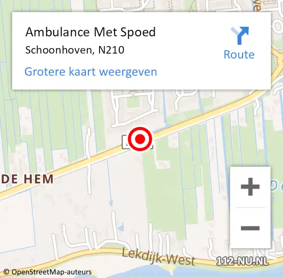 Locatie op kaart van de 112 melding: Ambulance Met Spoed Naar Schoonhoven, N210 op 21 maart 2015 02:02