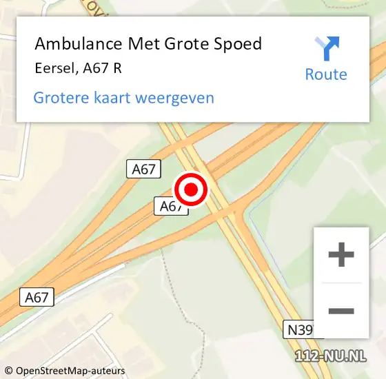 Locatie op kaart van de 112 melding: Ambulance Met Grote Spoed Naar Eersel, A67 R hectometerpaal: 10,2 op 22 maart 2015 13:23