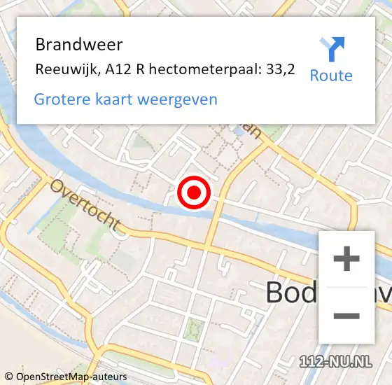 Locatie op kaart van de 112 melding: Brandweer Reeuwijk, A12 R hectometerpaal: 33,2 op 27 maart 2015 00:22
