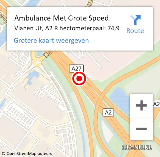 Locatie op kaart van de 112 melding: Ambulance Met Grote Spoed Naar Vianen Ut, A2 R hectometerpaal: 74,9 op 28 maart 2015 00:10