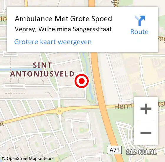 Locatie op kaart van de 112 melding: Ambulance Met Grote Spoed Naar Venray, Wilhelmina Sangersstraat op 28 maart 2015 20:33
