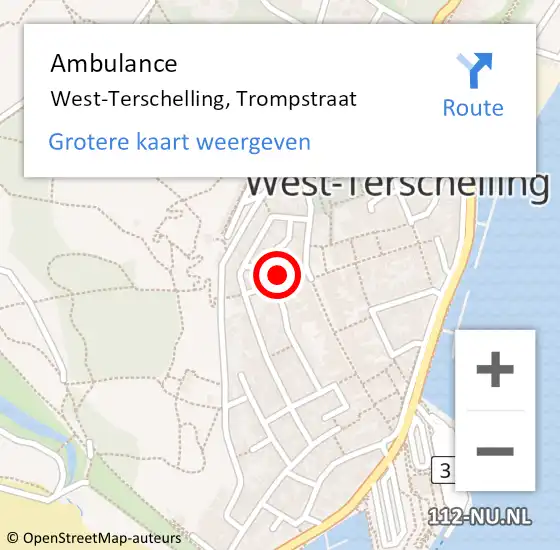 Locatie op kaart van de 112 melding: Ambulance West-Terschelling, Trompstraat op 3 april 2015 08:57