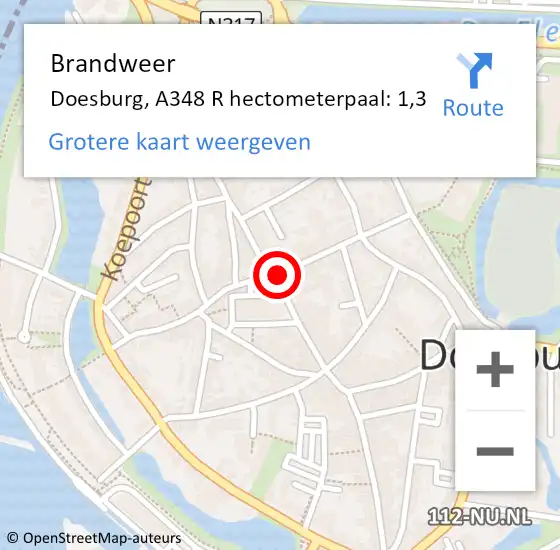 Locatie op kaart van de 112 melding: Brandweer Doesburg, A348 R hectometerpaal: 1,3 op 12 april 2015 16:43
