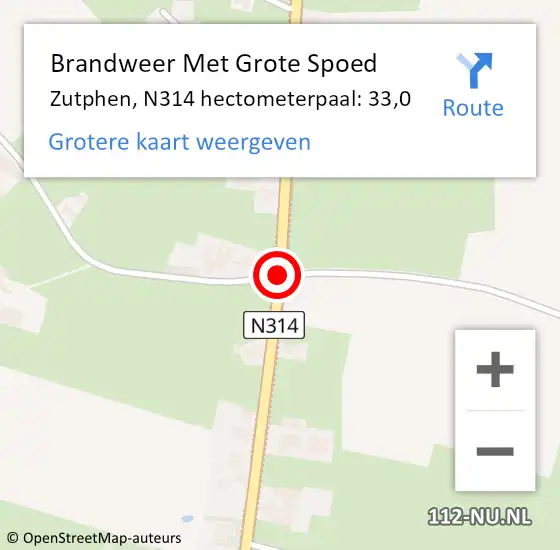 Locatie op kaart van de 112 melding: Brandweer Met Grote Spoed Naar Zutphen, N314 hectometerpaal: 33,0 op 19 april 2015 13:29