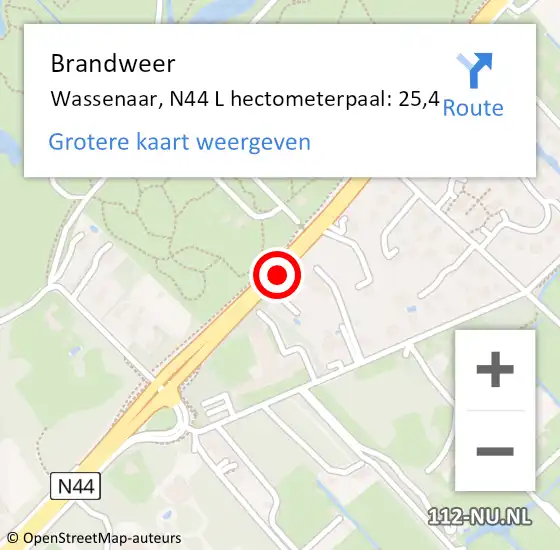 Locatie op kaart van de 112 melding: Brandweer Wassenaar, N44 L hectometerpaal: 25,4 op 5 november 2013 19:34