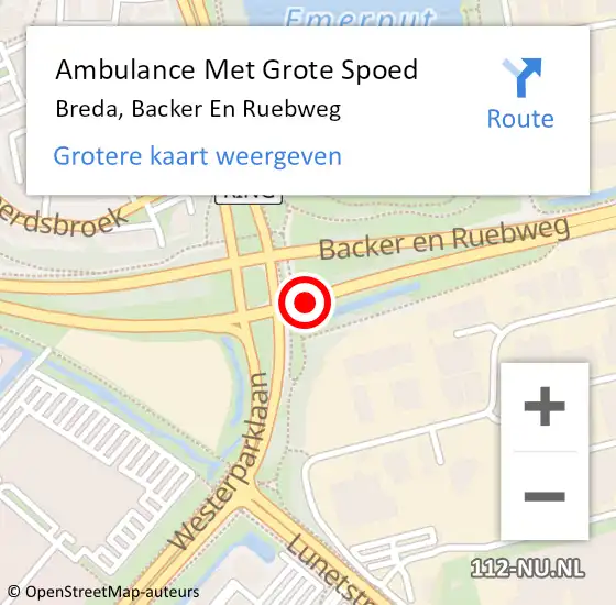 Locatie op kaart van de 112 melding: Ambulance Met Grote Spoed Naar Breda, Backer En Ruebweg op 25 april 2015 18:15