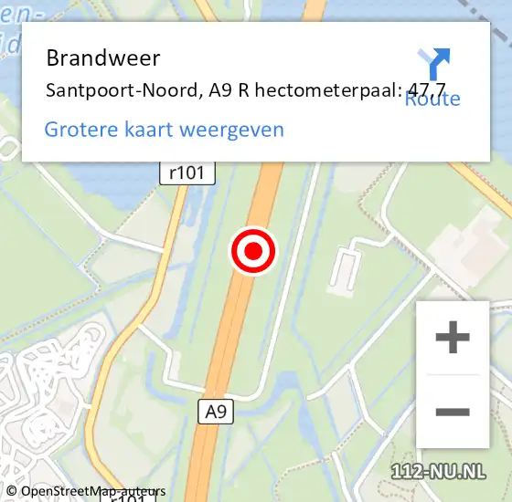 Locatie op kaart van de 112 melding: Brandweer Santpoort-Noord, A9 R hectometerpaal: 47,7 op 25 april 2015 18:54