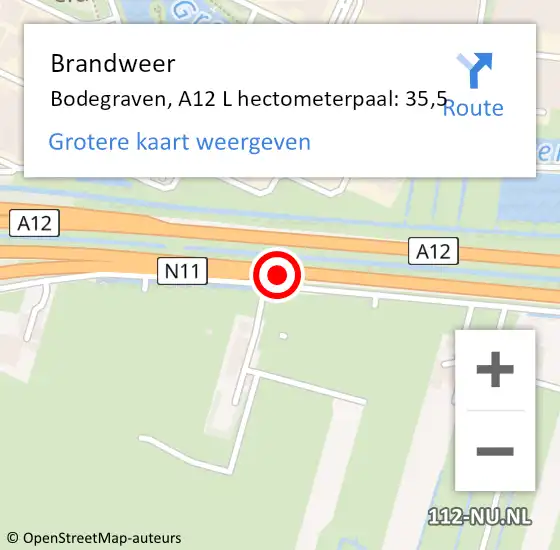 Locatie op kaart van de 112 melding: Brandweer Bodegraven, A12 R hectometerpaal: 37,6 op 26 april 2015 02:19