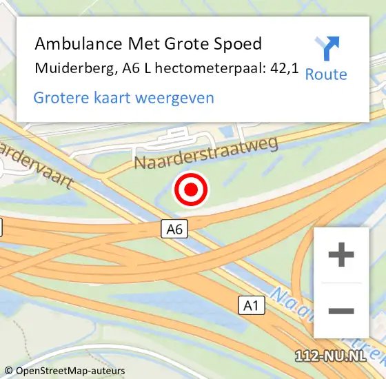 Locatie op kaart van de 112 melding: Ambulance Met Grote Spoed Naar Muiderberg, A6 L hectometerpaal: 42,1 op 30 april 2015 18:10