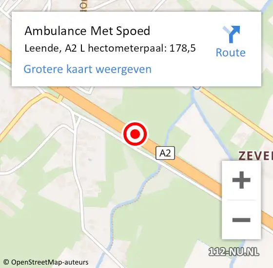 Locatie op kaart van de 112 melding: Ambulance Met Spoed Naar Leende, A2 L hectometerpaal: 178,5 op 1 mei 2015 10:15