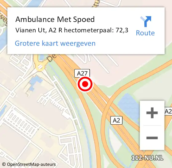 Locatie op kaart van de 112 melding: Ambulance Met Spoed Naar Vianen Ut, A2 R hectometerpaal: 72,3 op 5 mei 2015 15:23