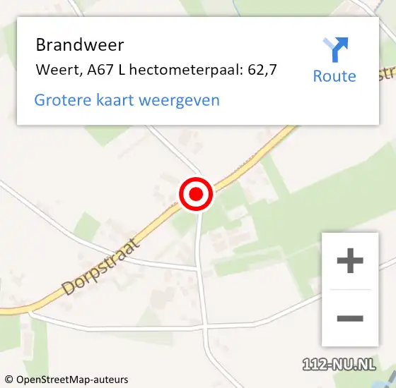 Locatie op kaart van de 112 melding: Brandweer Weert, A67 L hectometerpaal: 62,7 op 8 mei 2015 17:06