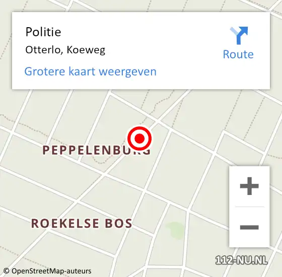 Locatie op kaart van de 112 melding: Politie Otterlo, Koeweg op 18 mei 2015 14:33