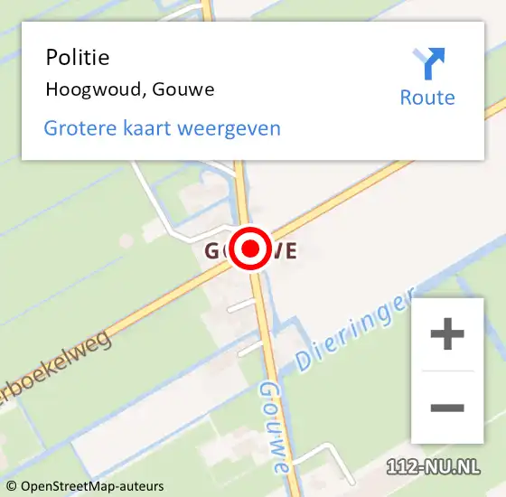 Locatie op kaart van de 112 melding: Politie Hoogwoud, Gouwe op 18 mei 2015 15:22