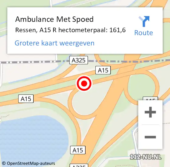 Locatie op kaart van de 112 melding: Ambulance Met Spoed Naar Ressen, A15 R hectometerpaal: 161,6 op 22 mei 2015 15:21