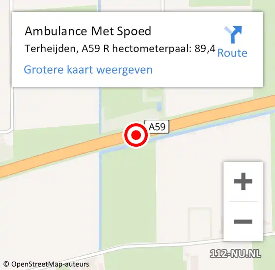 Locatie op kaart van de 112 melding: Ambulance Met Spoed Naar Terheijden, A59 R hectometerpaal: 89,4 op 23 mei 2015 16:41