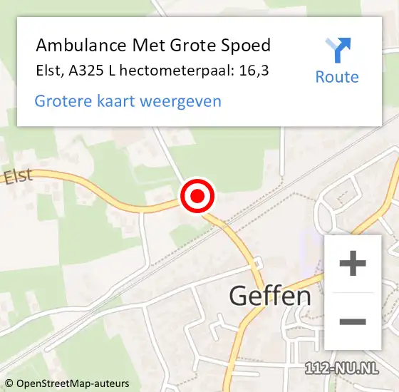 Locatie op kaart van de 112 melding: Ambulance Met Grote Spoed Naar Elst, A325 L hectometerpaal: 16,3 op 23 mei 2015 16:45