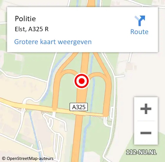 Locatie op kaart van de 112 melding: Politie Elst, A325 L op 23 mei 2015 16:50