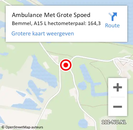 Locatie op kaart van de 112 melding: Ambulance Met Grote Spoed Naar Bemmel, A15 L hectometerpaal: 164,3 op 26 mei 2015 09:55