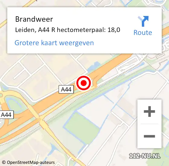 Locatie op kaart van de 112 melding: Brandweer Sassenheim, A44 R hectometerpaal: 11,0 op 28 mei 2015 19:29