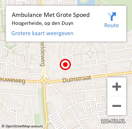 Locatie op kaart van de 112 melding: Ambulance Met Grote Spoed Naar Hoogerheide, op den Duyn op 10 juni 2015 05:25