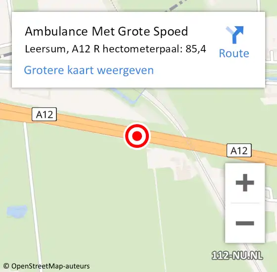 Locatie op kaart van de 112 melding: Ambulance Met Grote Spoed Naar Leersum, A12 R hectometerpaal: 85,4 op 10 juni 2015 23:39