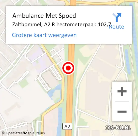 Locatie op kaart van de 112 melding: Ambulance Met Spoed Naar Zaltbommel, A2 R hectometerpaal: 102,0 op 14 juni 2015 15:49