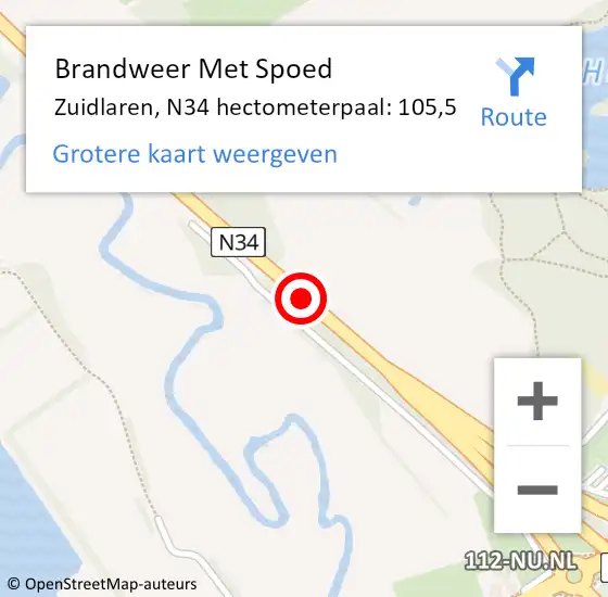 Locatie op kaart van de 112 melding: Brandweer Met Spoed Naar Zuidlaren, N34 hectometerpaal: 105,5 op 19 juni 2015 09:06