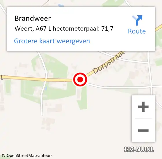 Locatie op kaart van de 112 melding: Brandweer Weert, A67 L hectometerpaal: 71,7 op 22 juni 2015 20:36