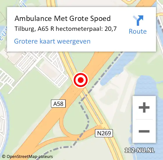 Locatie op kaart van de 112 melding: Ambulance Met Grote Spoed Naar Tilburg, A65 L hectometerpaal: 20,9 op 29 juni 2015 02:11