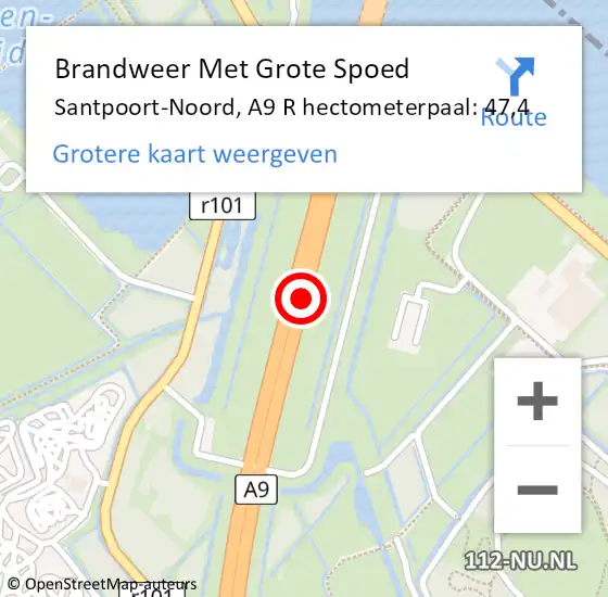Locatie op kaart van de 112 melding: Brandweer Met Grote Spoed Naar Santpoort-Noord, A9 R hectometerpaal: 47,4 op 4 juli 2015 14:52