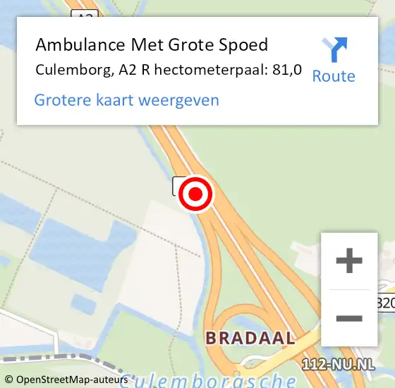 Locatie op kaart van de 112 melding: Ambulance Met Grote Spoed Naar Culemborg, A2 R hectometerpaal: 81,0 op 12 september 2013 16:59