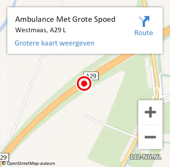 Locatie op kaart van de 112 melding: Ambulance Met Grote Spoed Naar Westmaas, A29 L op 6 juli 2015 00:40