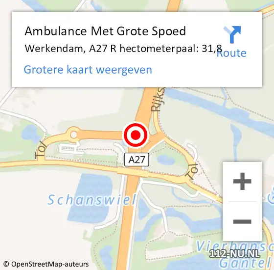 Locatie op kaart van de 112 melding: Ambulance Met Grote Spoed Naar Werkendam, A27 L op 6 juli 2015 16:06