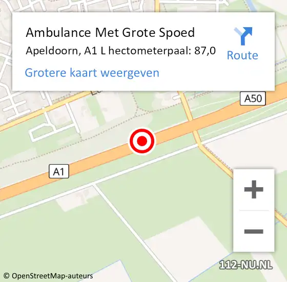Locatie op kaart van de 112 melding: Ambulance Met Grote Spoed Naar Apeldoorn, A1 L hectometerpaal: 87,0 op 18 juli 2015 13:24