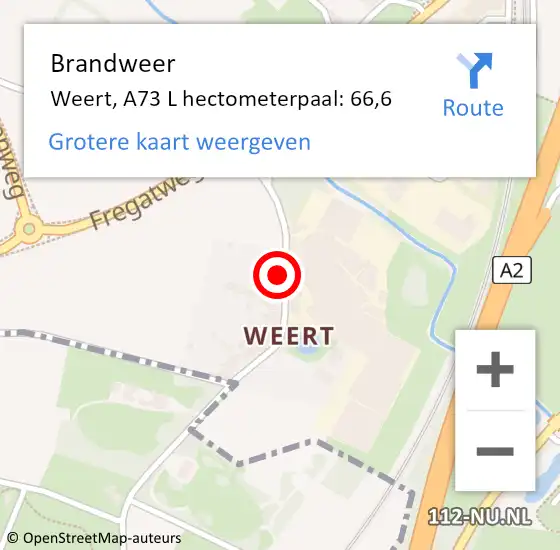 Locatie op kaart van de 112 melding: Brandweer Weert, A73 L hectometerpaal: 66,6 op 20 juli 2015 13:48