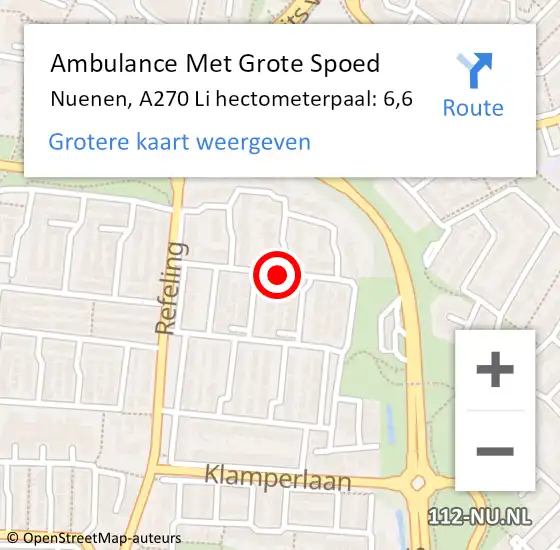 Locatie op kaart van de 112 melding: Ambulance Met Grote Spoed Naar Nuenen, A270 Li hectometerpaal: 6,6 op 24 juli 2015 03:08