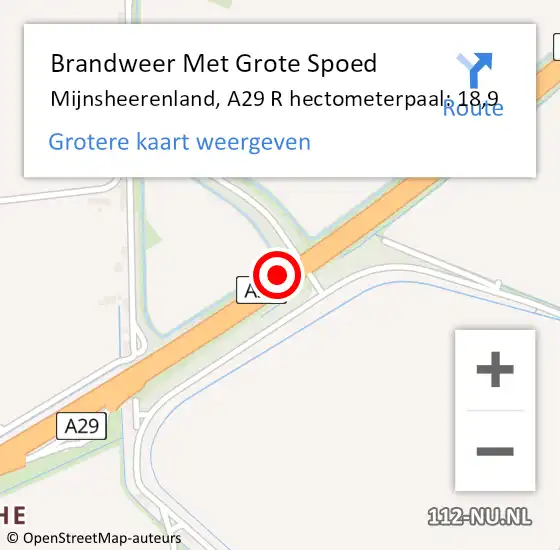 Locatie op kaart van de 112 melding: Brandweer Met Grote Spoed Naar Mijnsheerenland, A29 L hectometerpaal: 18,3 op 2 augustus 2015 20:05