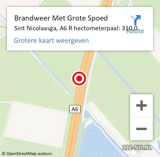Locatie op kaart van de 112 melding: Brandweer Met Grote Spoed Naar Sint Nicolaasga, A6 L hectometerpaal: 308,9 op 13 augustus 2015 12:48