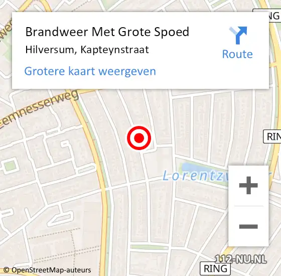 Locatie op kaart van de 112 melding: Brandweer Met Grote Spoed Naar Hilversum, Kapteynstraat op 14 augustus 2015 20:45
