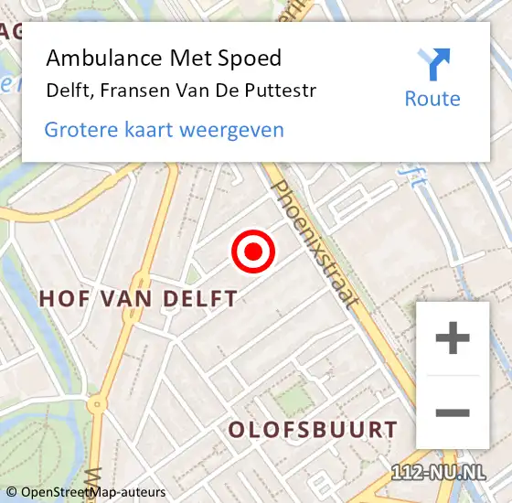 Locatie op kaart van de 112 melding: Ambulance Met Spoed Naar Delft, Fransen Van De Puttestr op 16 augustus 2015 20:38