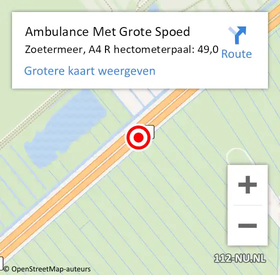 Locatie op kaart van de 112 melding: Ambulance Met Grote Spoed Naar Zoetermeer, A4 R hectometerpaal: 57,0 op 17 augustus 2015 14:42