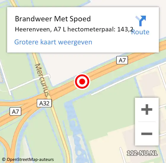 Locatie op kaart van de 112 melding: Brandweer Met Spoed Naar Heerenveen, A7 L hectometerpaal: 143,2 op 18 augustus 2015 07:21