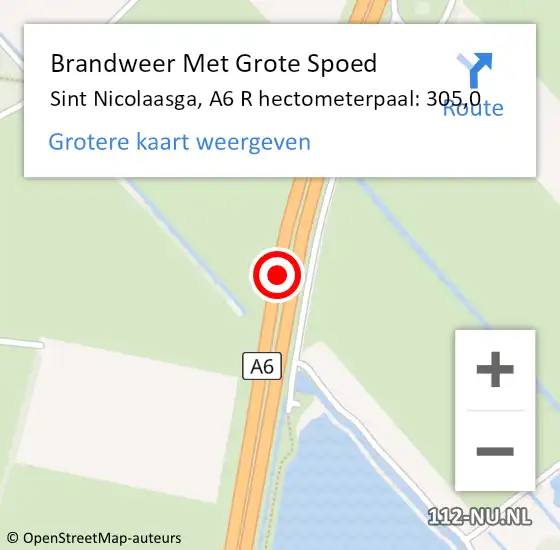 Locatie op kaart van de 112 melding: Brandweer Met Grote Spoed Naar Sint Nicolaasga, A6 L hectometerpaal: 309,2 op 19 augustus 2015 15:51