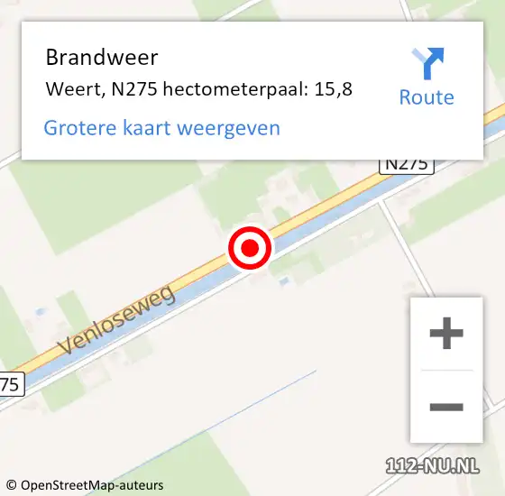 Locatie op kaart van de 112 melding: Brandweer Weert, N275 hectometerpaal: 15,8 op 27 augustus 2015 16:51